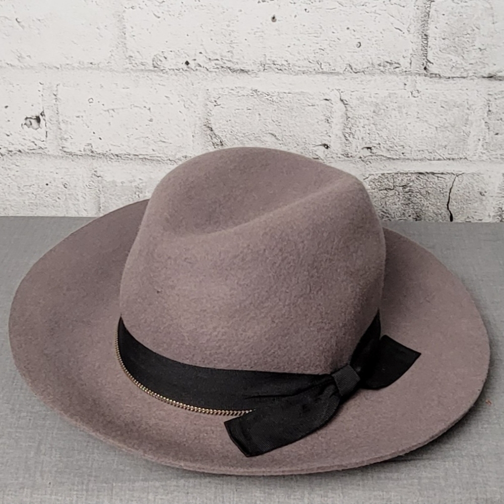 C.C Wool Fedora Taupe Wide Brim Hat Bow Detail Chic Neutral